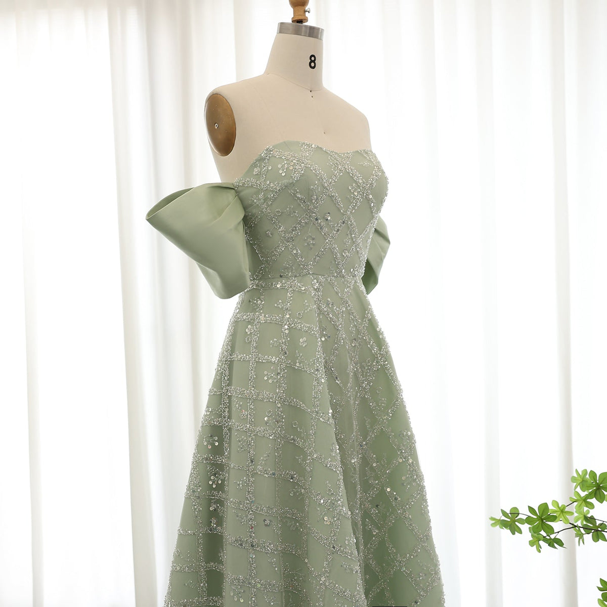 Saudi Arabia A-line Sage Green Evening Dresses for Women Wedding Elegant Dubai Beaded Midi Formal Party Gownns SS427