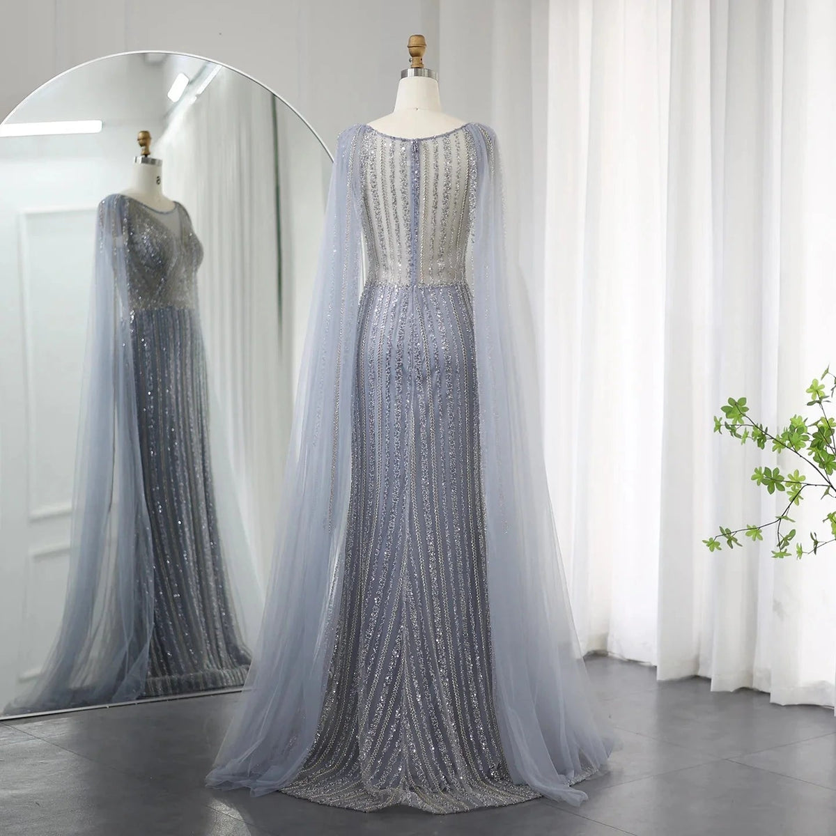 Saudi Arabia Sage Green Long Evening Dress with Cape Sleeves Luxury Plus Size Women Wedding Formal Party Gowns SS086