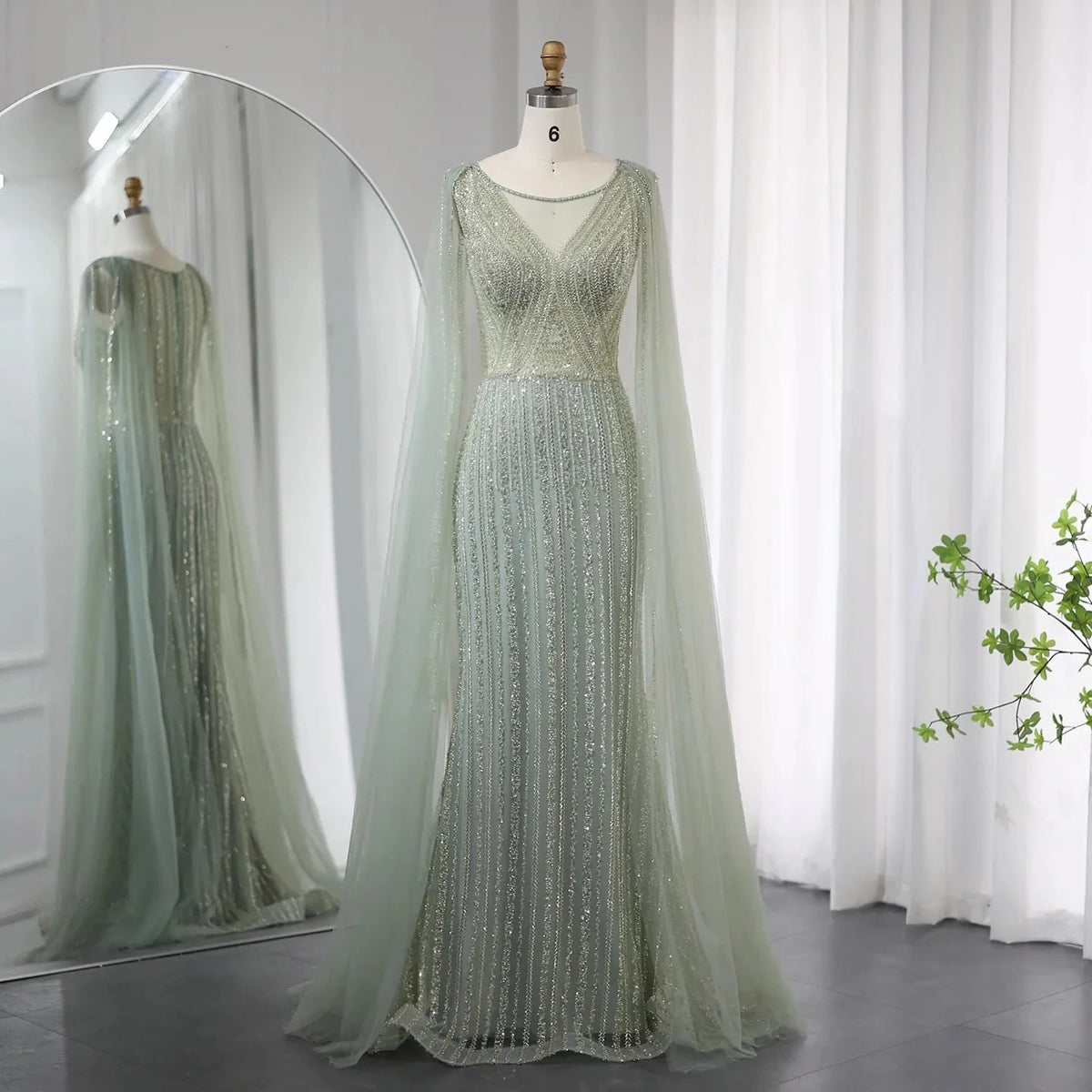 Saudi Arabia Sage Green Long Evening Dress with Cape Sleeves Luxury Plus Size Women Wedding Formal Party Gowns SS086
