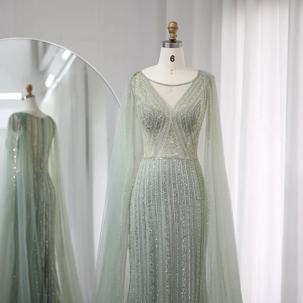 Saudi Arabia Sage Green Long Evening Dress with Cape Sleeves Luxury Plus Size Women Wedding Formal Party Gowns SS086