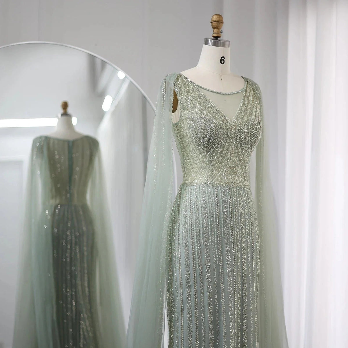 Saudi Arabia Sage Green Long Evening Dress with Cape Sleeves Luxury Plus Size Women Wedding Formal Party Gowns SS086