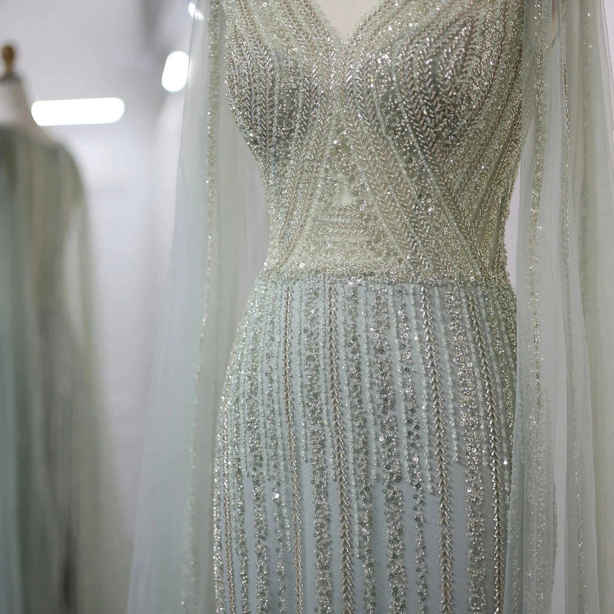 Saudi Arabia Sage Green Long Evening Dress with Cape Sleeves Luxury Plus Size Women Wedding Formal Party Gowns SS086