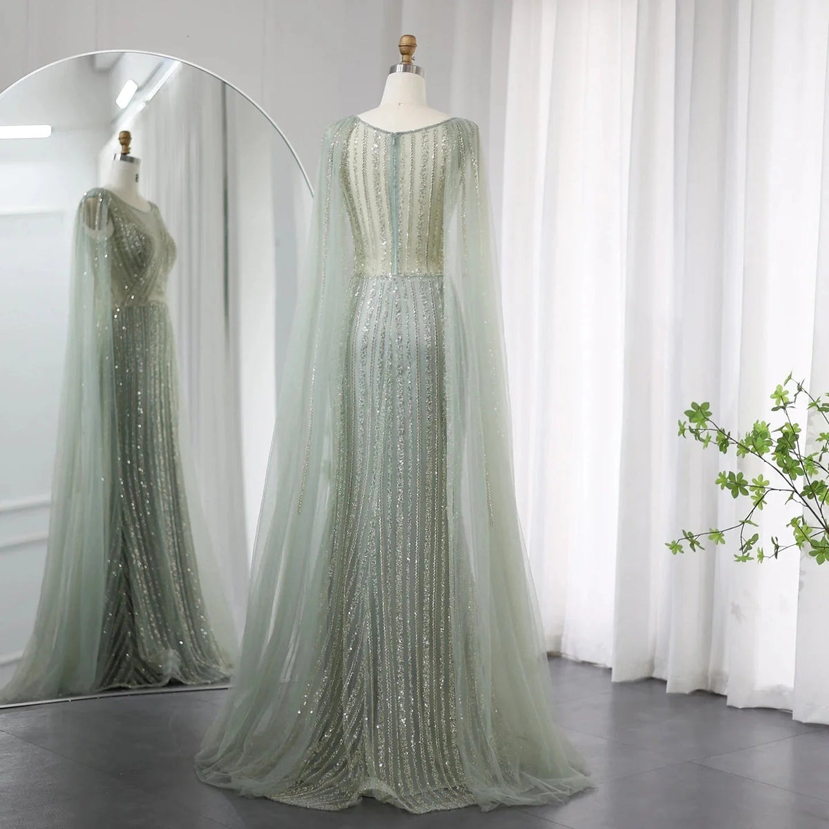 Saudi Arabia Sage Green Long Evening Dress with Cape Sleeves Luxury Plus Size Women Wedding Formal Party Gowns SS086