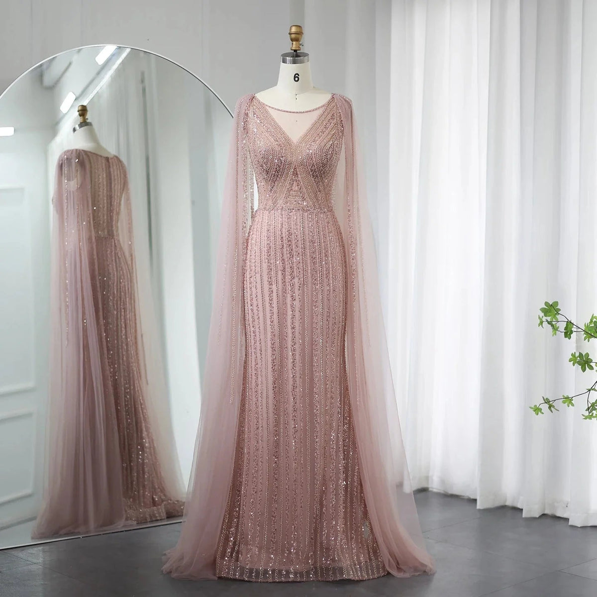 Saudi Arabia Sage Green Long Evening Dress with Cape Sleeves Luxury Plus Size Women Wedding Formal Party Gowns SS086