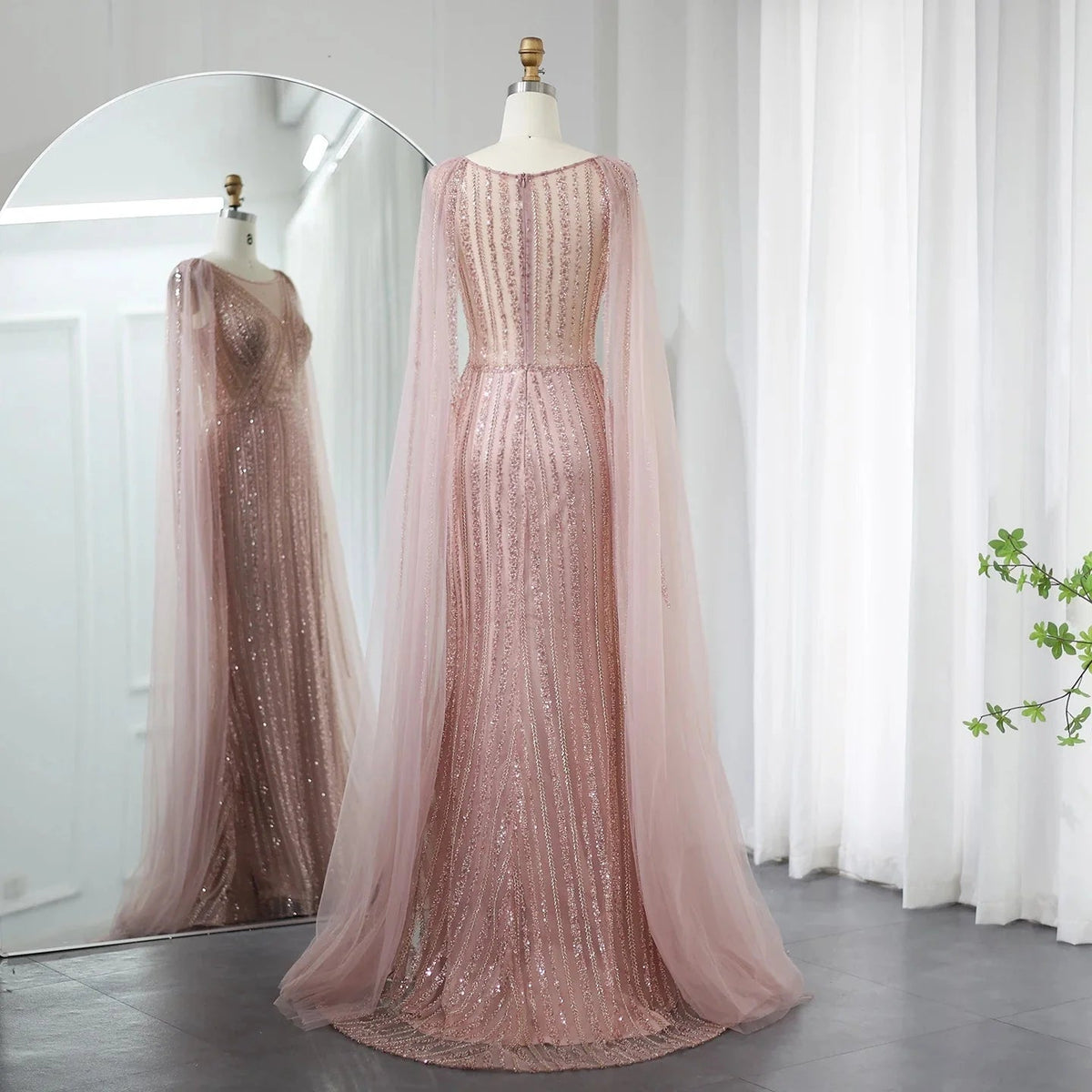 Saudi Arabia Sage Green Long Evening Dress with Cape Sleeves Luxury Plus Size Women Wedding Formal Party Gowns SS086