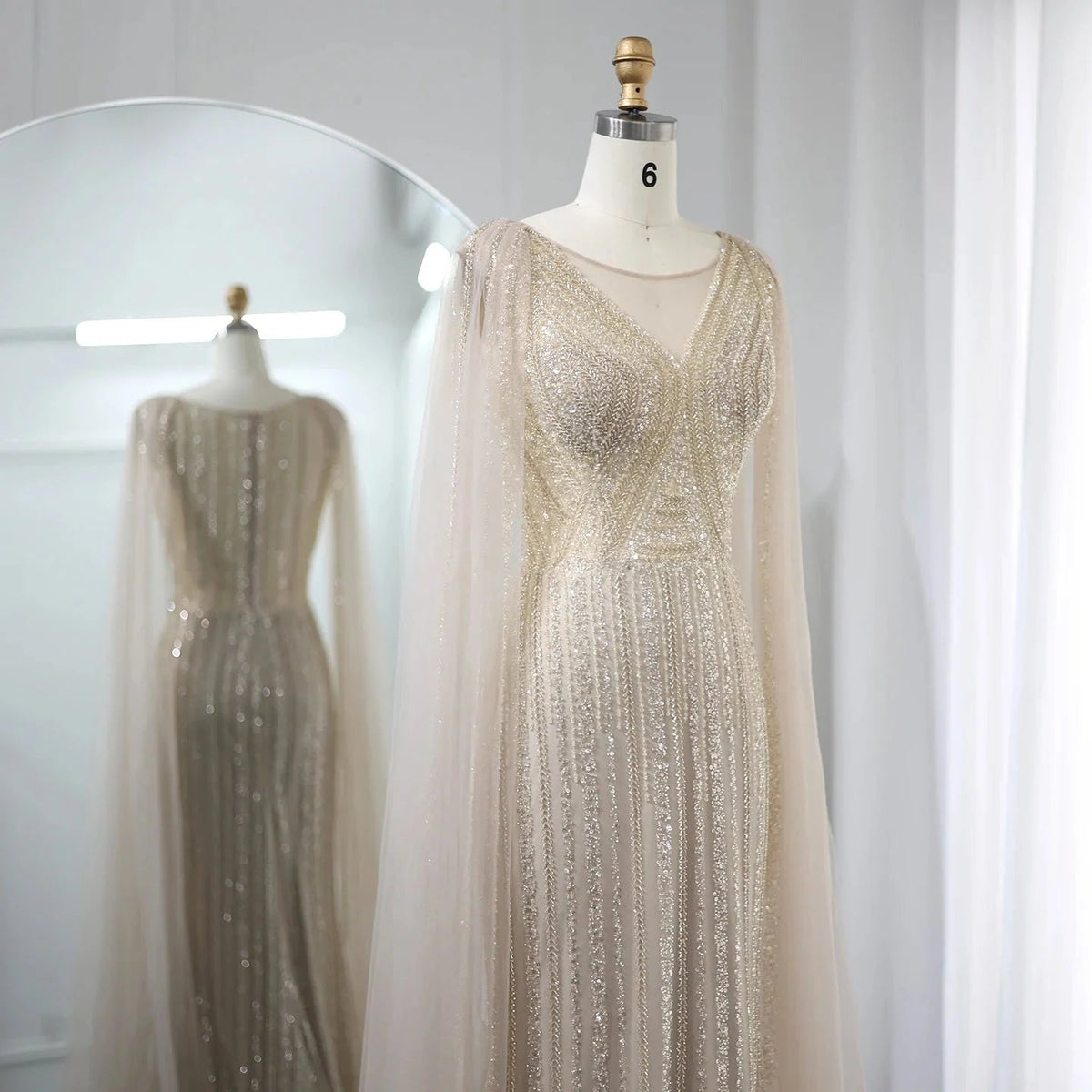 Saudi Arabia Sage Green Long Evening Dress with Cape Sleeves Luxury Plus Size Women Wedding Formal Party Gowns SS086