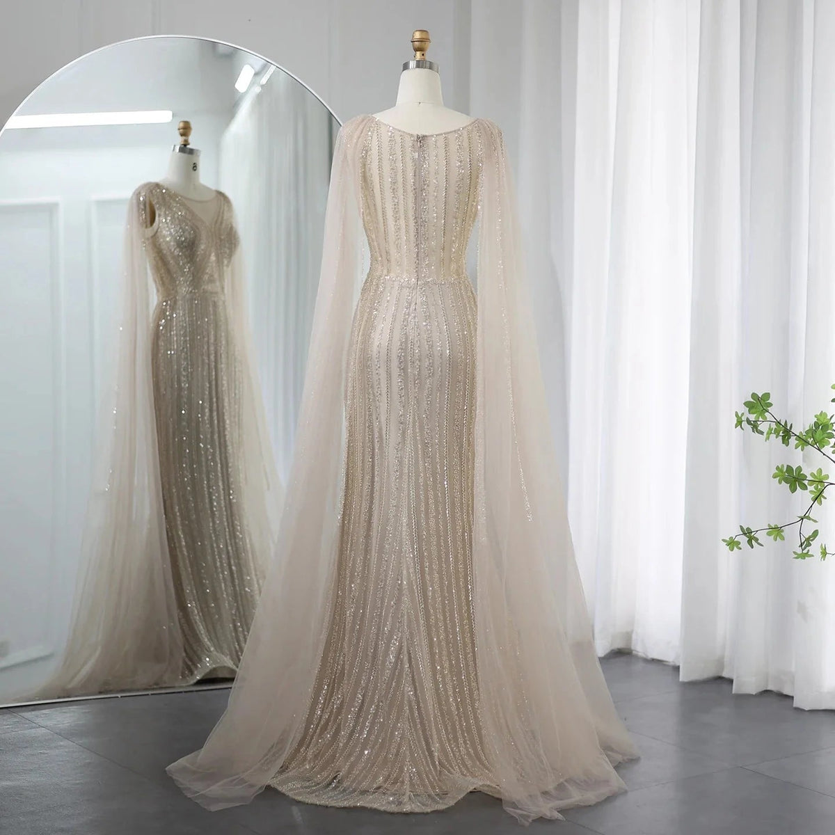 Saudi Arabia Sage Green Long Evening Dress with Cape Sleeves Luxury Plus Size Women Wedding Formal Party Gowns SS086