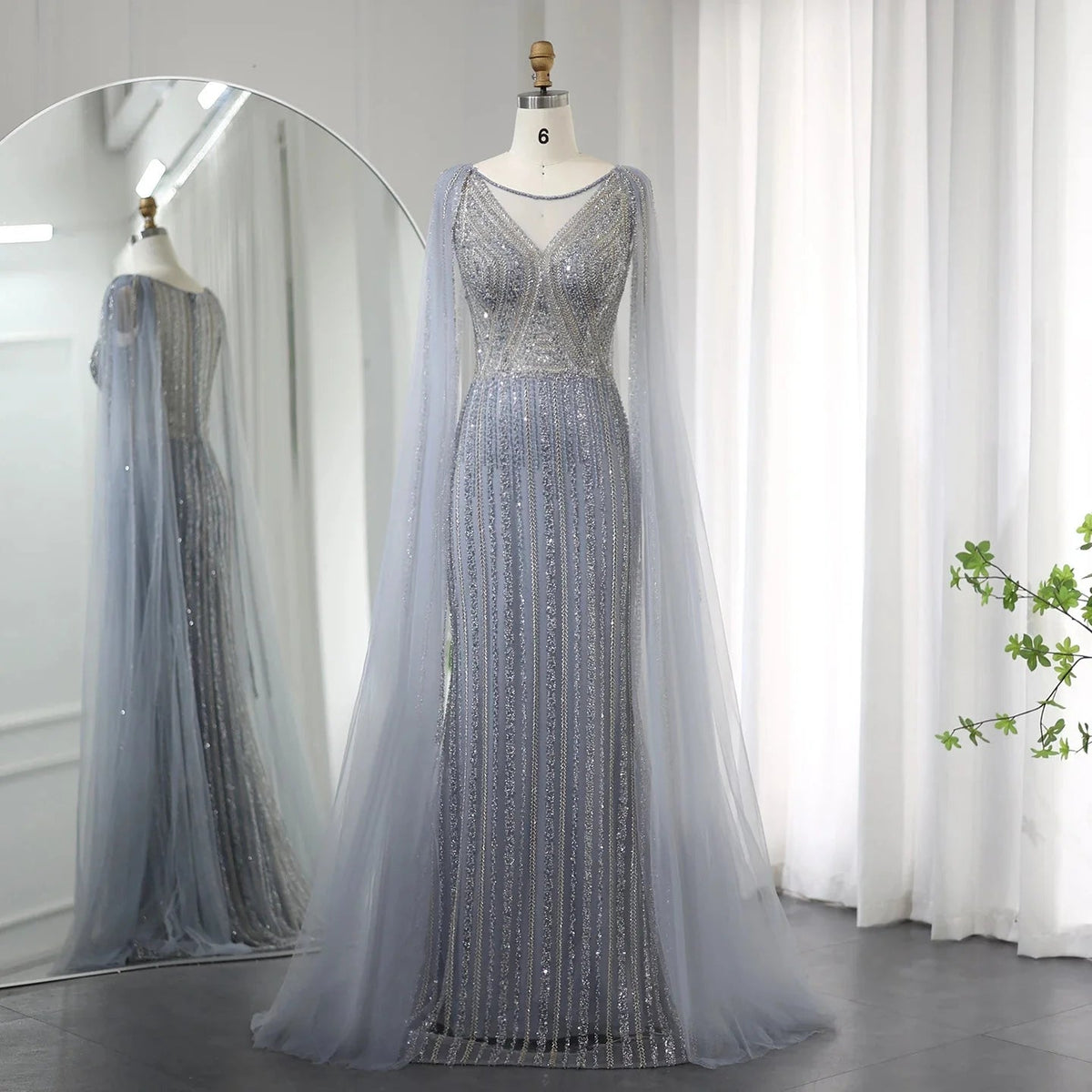Saudi Arabia Sage Green Long Evening Dress with Cape Sleeves Luxury Plus Size Women Wedding Formal Party Gowns SS086