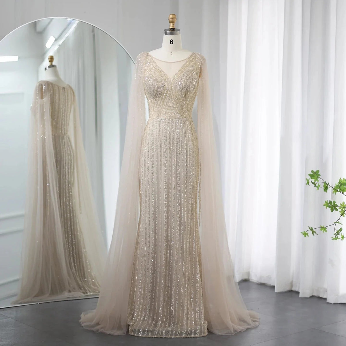 Saudi Arabia Sage Green Long Evening Dress with Cape Sleeves Luxury Plus Size Women Wedding Formal Party Gowns SS086