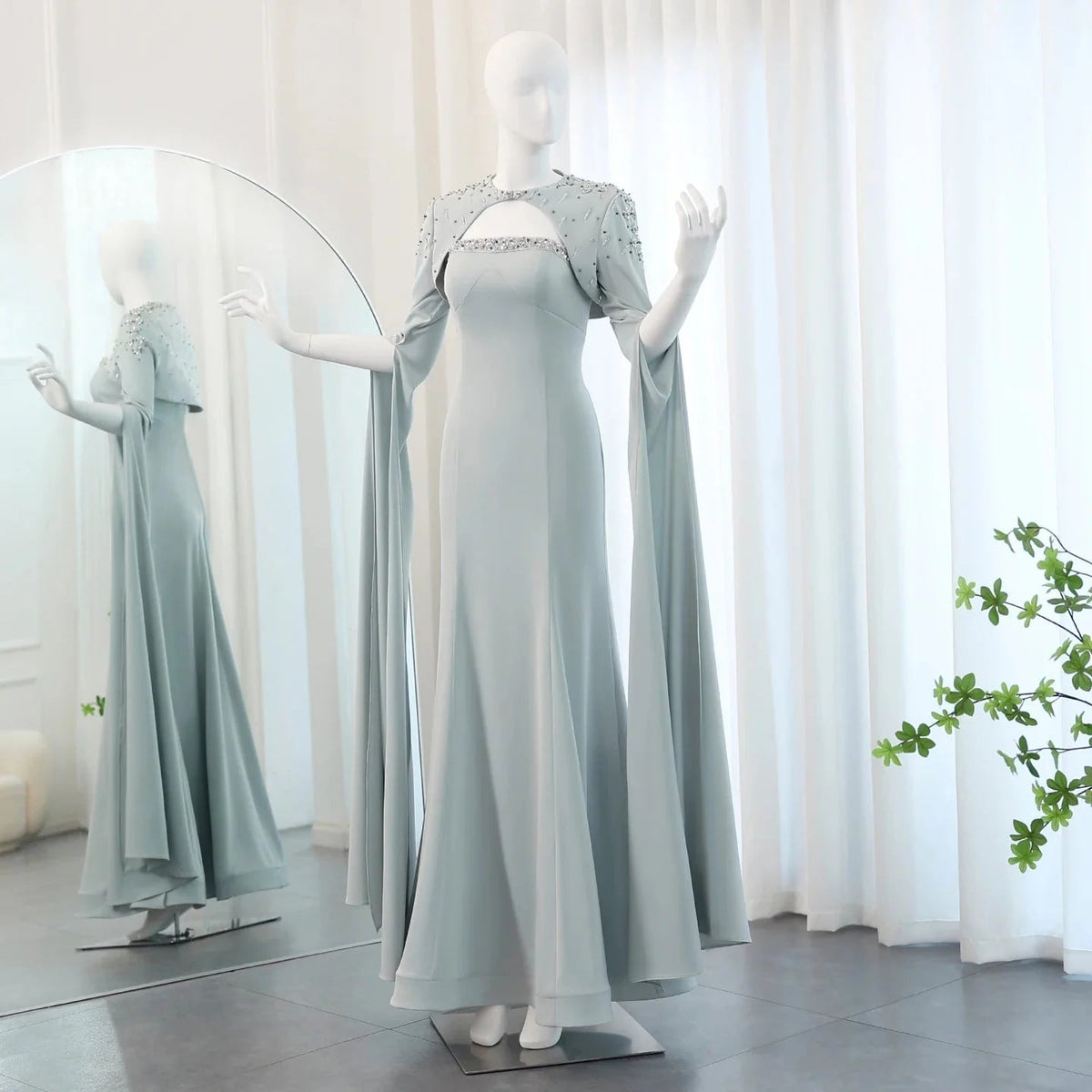 Saudi Arabia Sage Green Mermaid Evening Dress with Cape Sleeves Luxury Beaded Dubai Women Wedding Party Gowns SS424