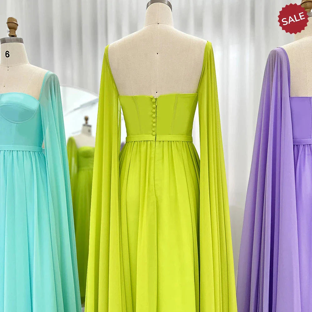 Saudi Arabic Lemon Yellow Dubai Evening Dresses with Cape Sleeves Elegant Women Wedding Party Formal Gowns SF076