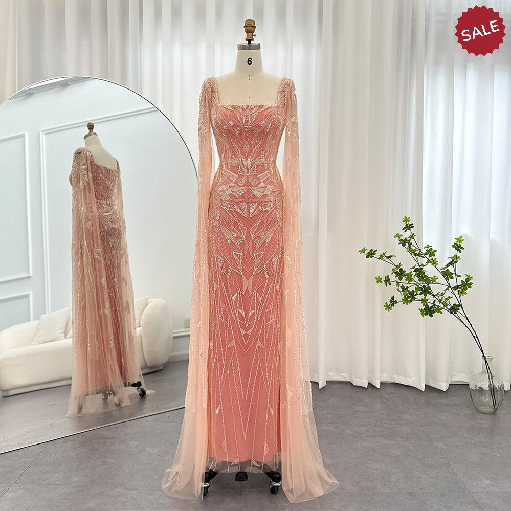 Saudi Arabic Nude Pink Luxury Dubai Evening Dresses with Cape Sleeves Square Collar Women Wedding Party Gowns SS497