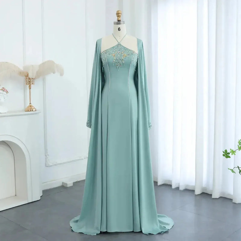 Saudi Arabic Sage Green Halter Evening Dresses with Cape Luxury Dubai Women Wedding Party Gowns SS301