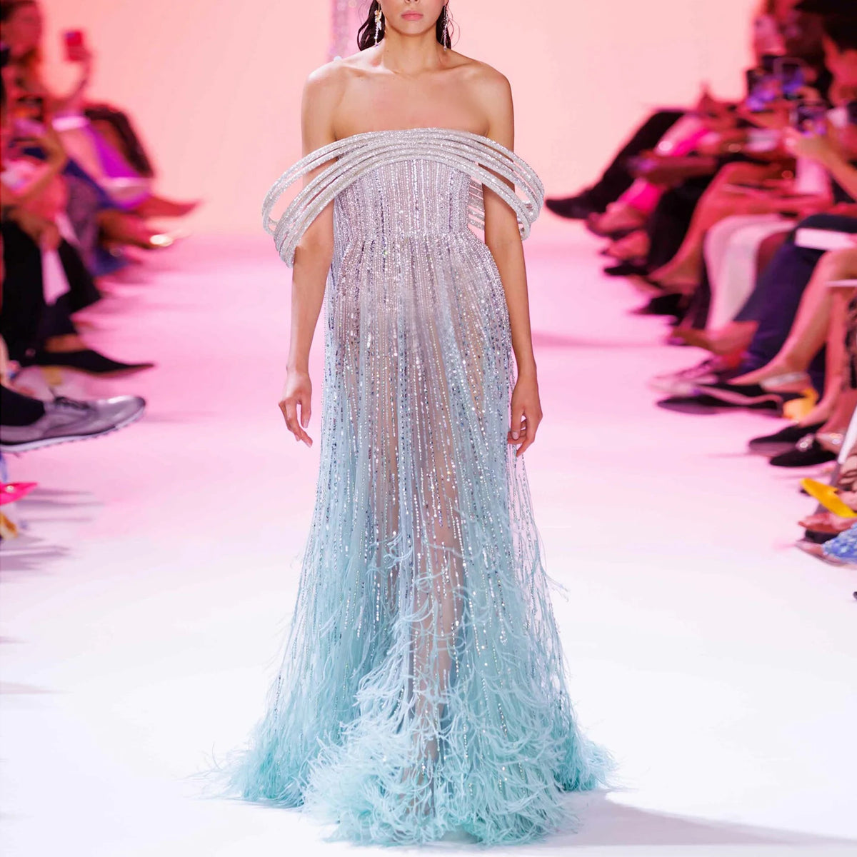 Luxury Feathers Aqua Green Evening Dresses Elegant Off Shoulder SS435