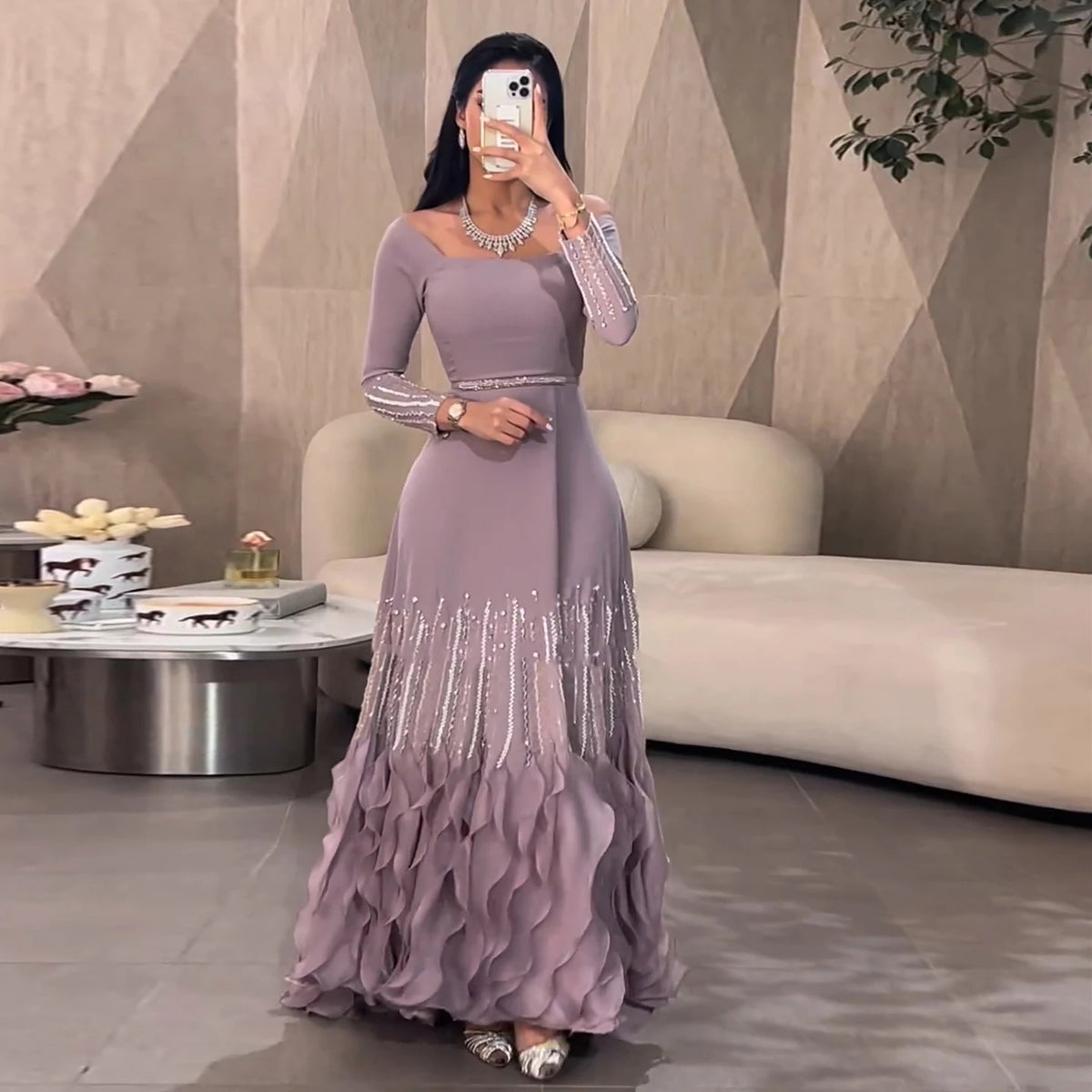 Luxury Lilac Ruffles Dubai Evening Dresses SS579