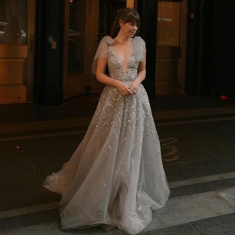 Sexy V-Neck Luxury Dubai Silver Gray Evening Dress for Women Wedding Party Elegant Long Formal Prom Dresses SS097