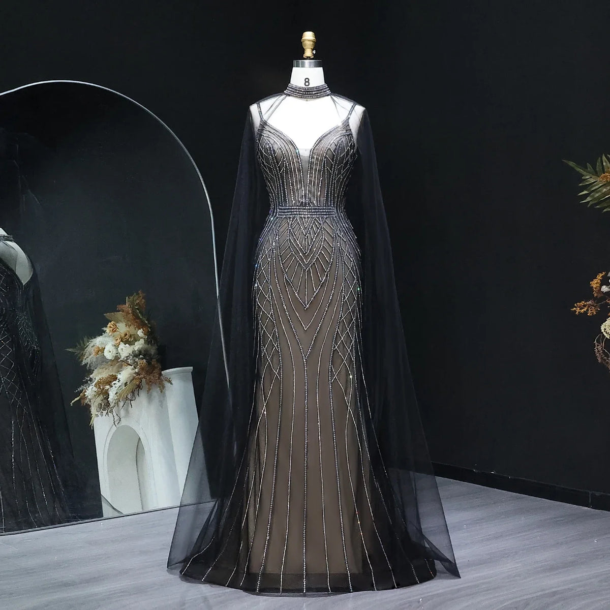 Sparkle Crystal Blue Mermaid Evening Dress with Cape Sleeves SS043