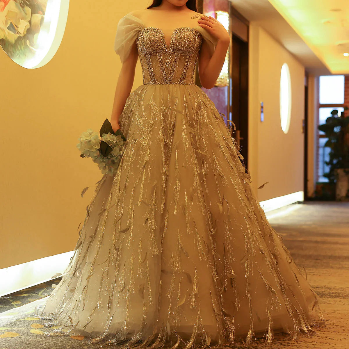 Sparkling Silver Tassel Ball Gown Luxury Dubai Princess Evening Dresses for Women Engagement Wedding Party Gowns SS534