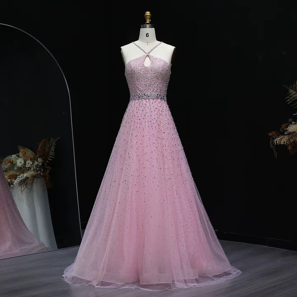 Sparkly Crystal Pink Criss-Cross Pink Evening Dress SS580