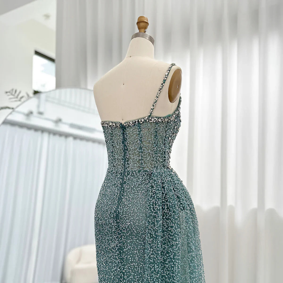Sparkly Crystal Turquoise One Shoulder Evening Dress SS131