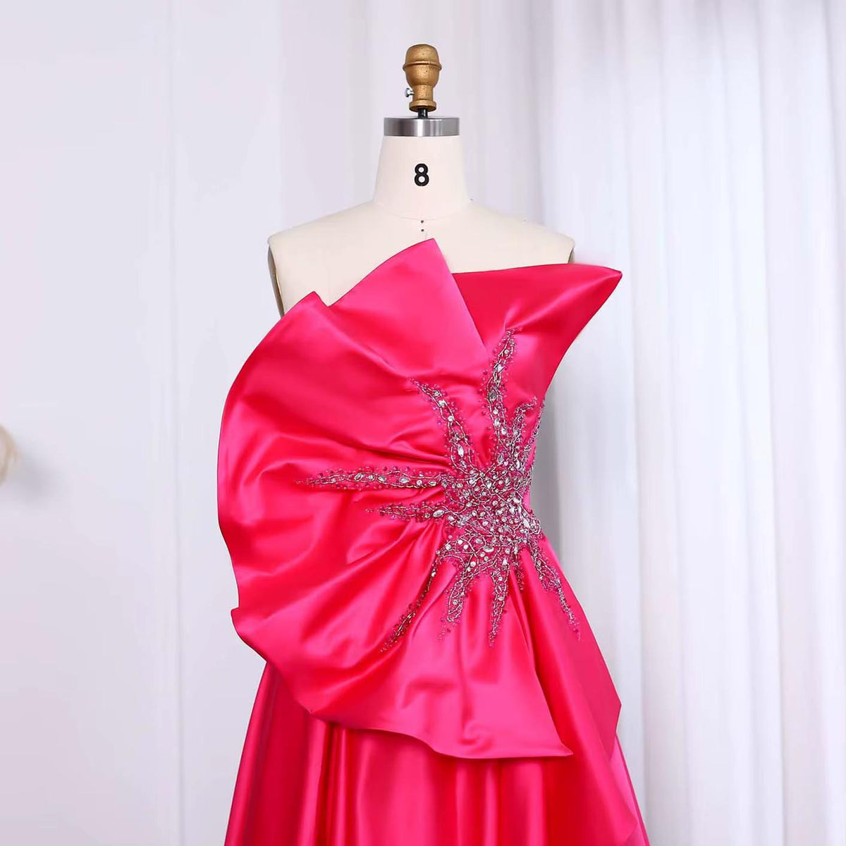 Stunning Scalloped Fuchsia Satin Evening Dress with Slit SS581