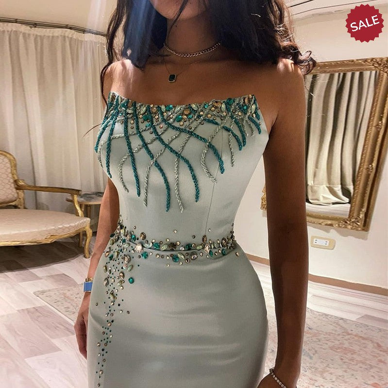 Turquoise Crystal Luxury Dubai Evening Dress for Women Wedding Party Elegant Long Mermaid Formal Prom Dresses SS331