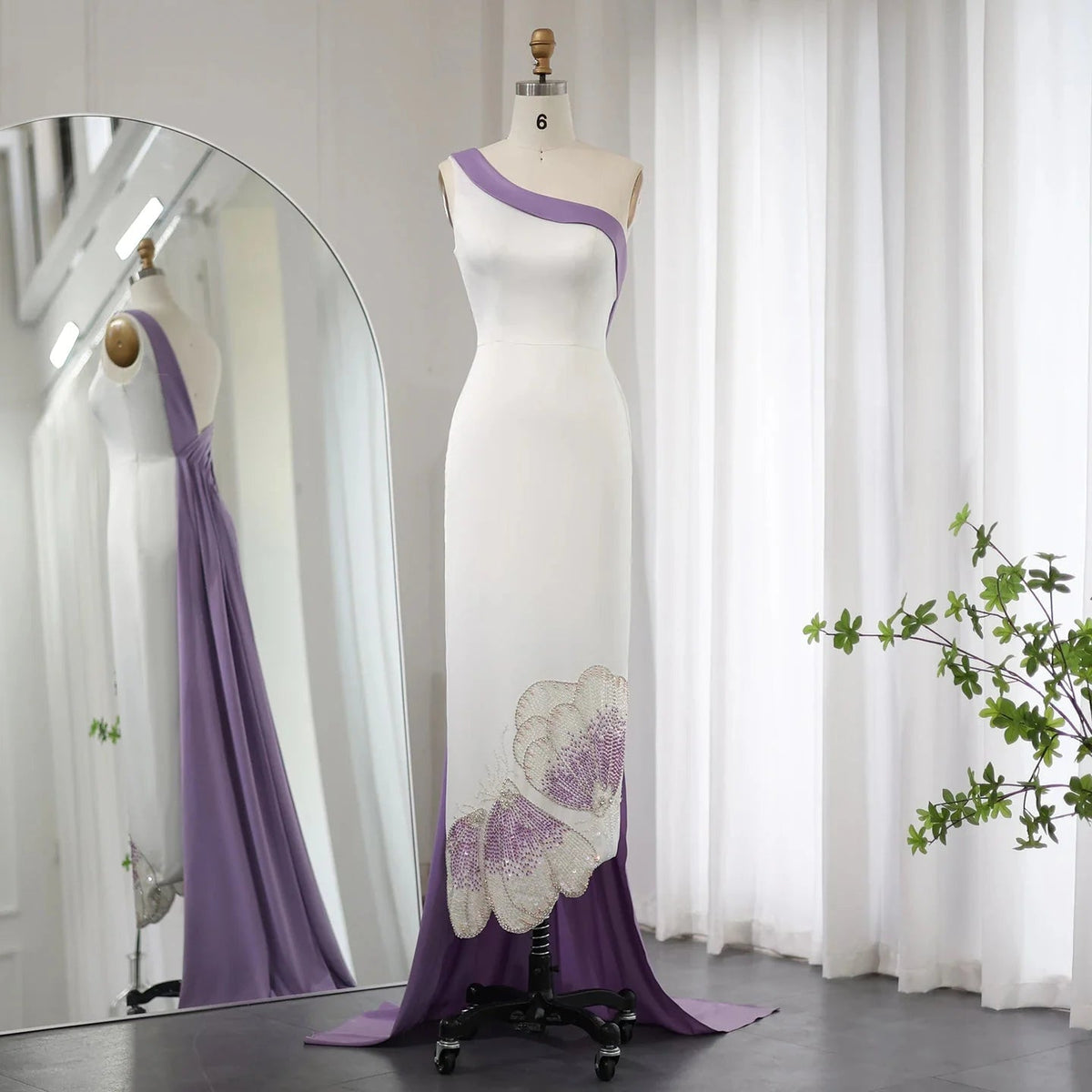 White Lilac Butterfly Luxury Evening Dresses for Women Wedding Arab One Shoulder Midi Formal Party Dress SS475