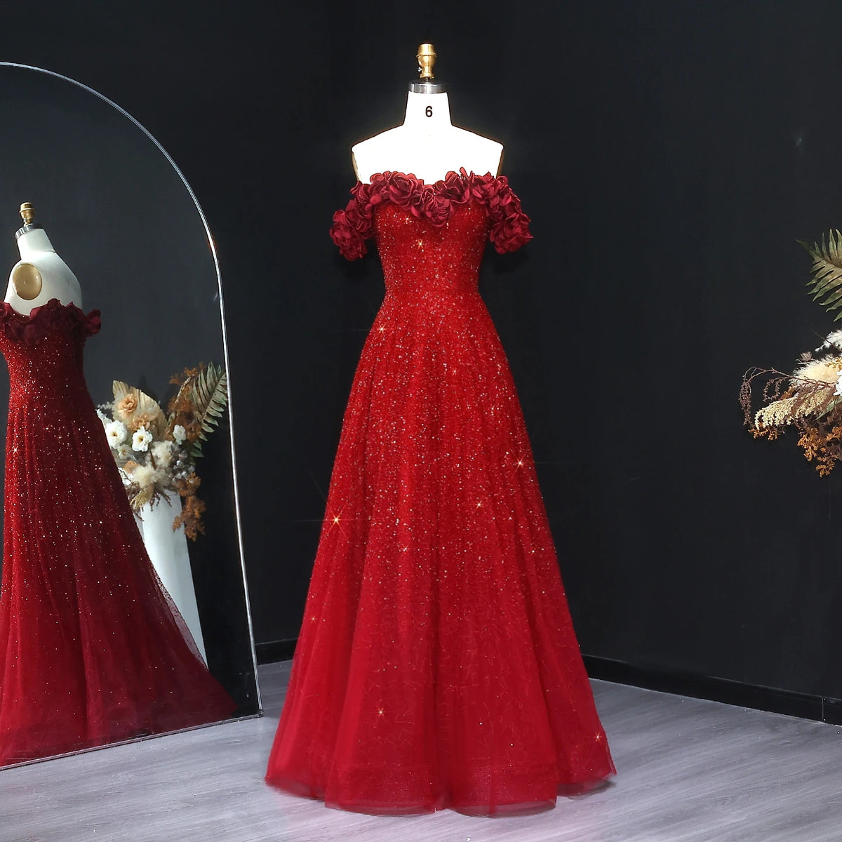 Wine Red Off Shoulder Evening Dress with 3D Flowers SS491