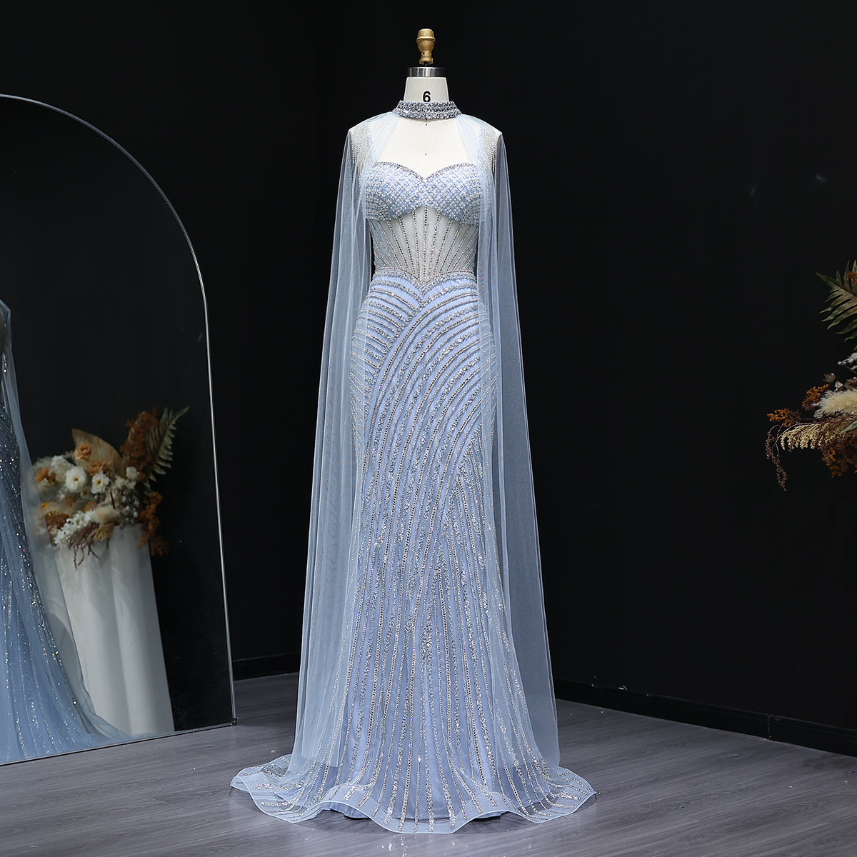 Elegant Crystal Lilac Evening Dress with Cape SS070
