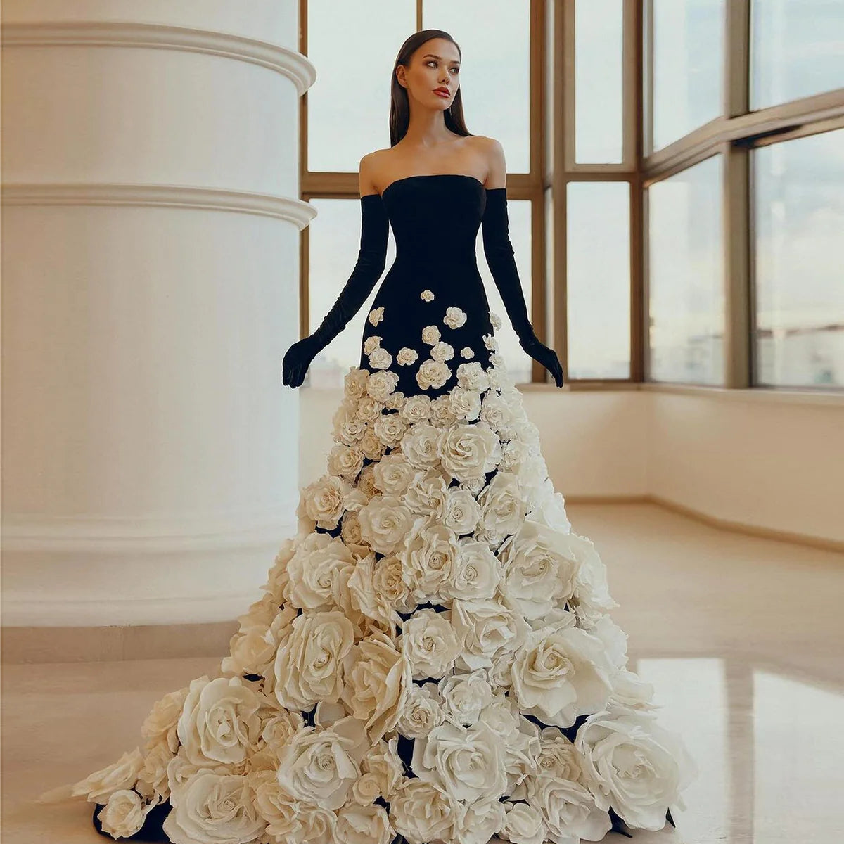 Chic 3D Flowers Black Velvet Mermaid Evening Dresses with Gloves SS748