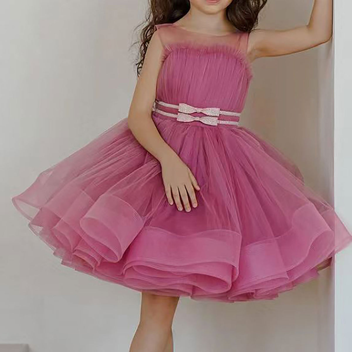 Fuchsia Sleeveless O-Neck Tulle Flower Girl Dress With Bow Belt D121