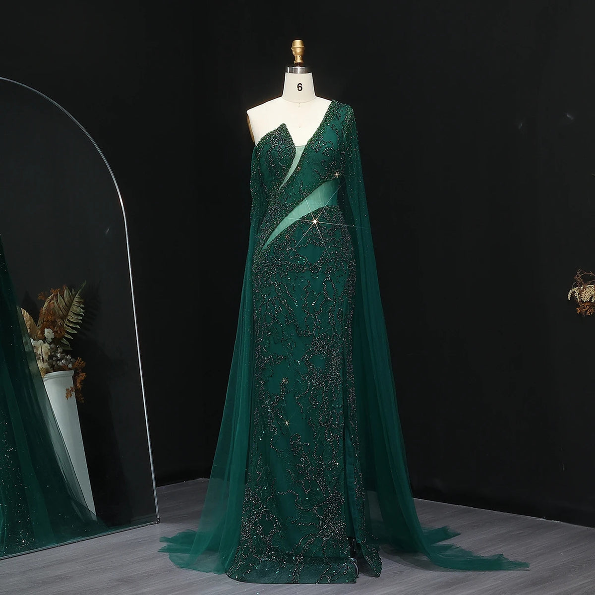Elegant One Shoulder Mermaid Emerald Green Gown with Pink Cape Sleeve SS058