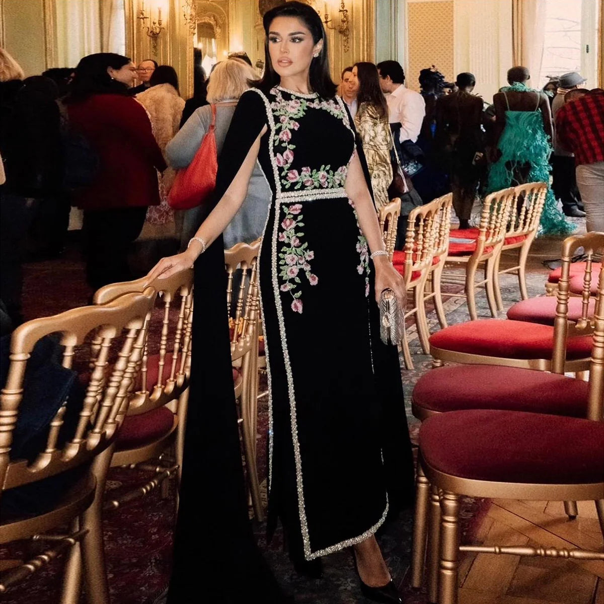 Embroidered Beaded Black Evening Dress with Cape Sleeves SS487