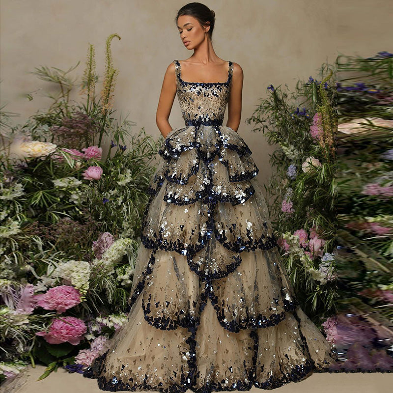 Luxury Dubai Evening Dresses Sparkly Sequin Tiered Ruffles SS243