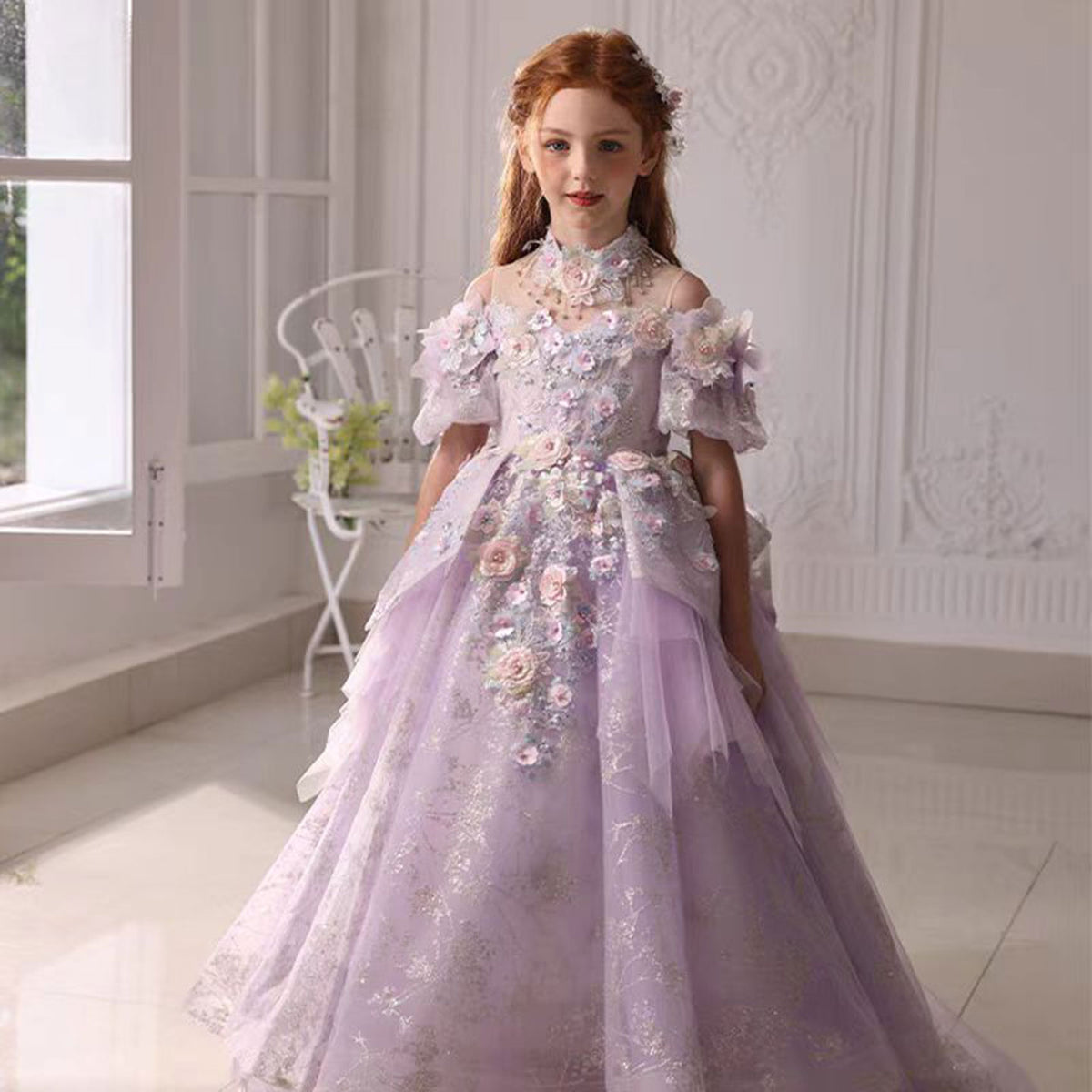Luxury Lilac 3D Flowers Girl Dress for Kids Birthday Pageant J347