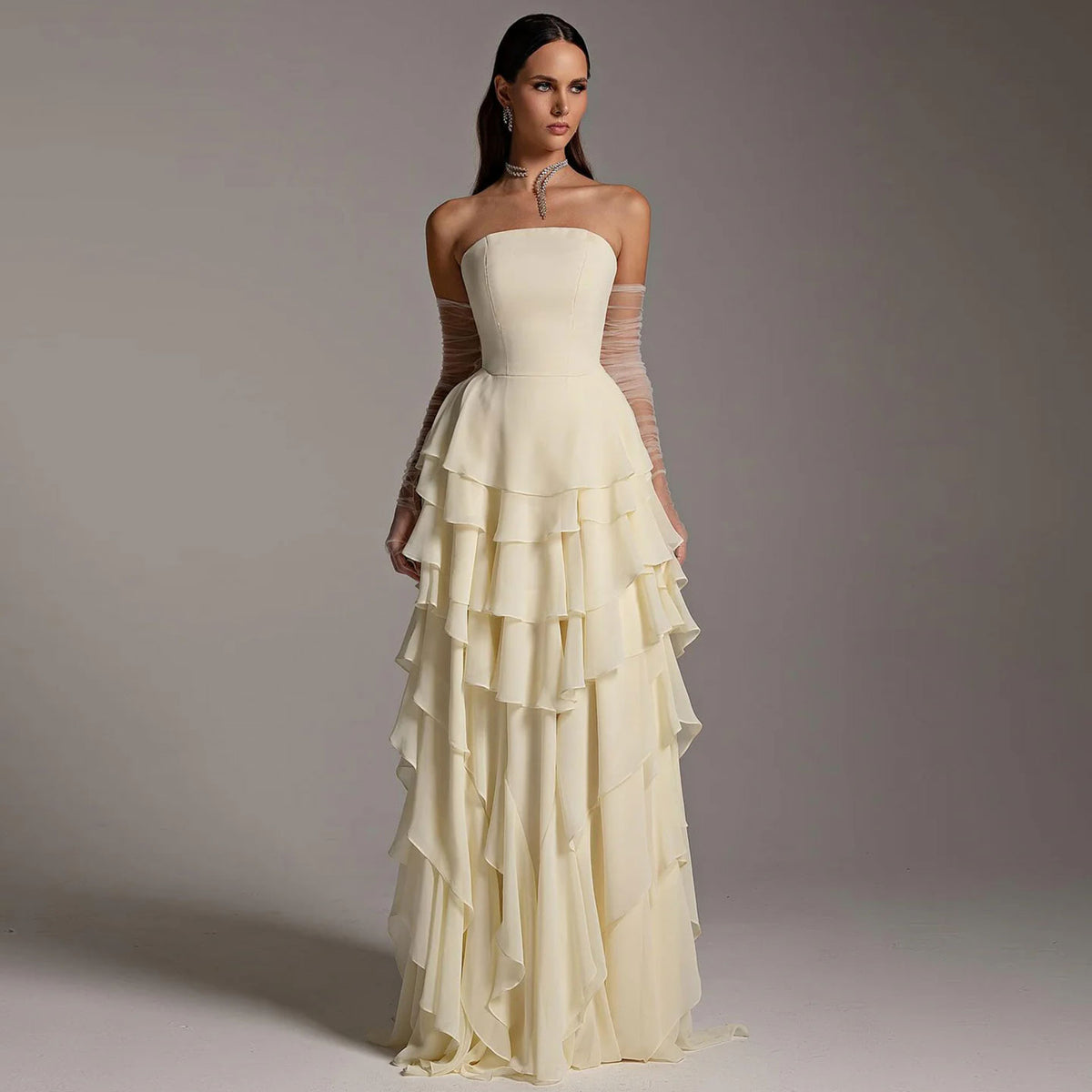 Elegant Yellow Strapless Ruffles Evening Dress SF256