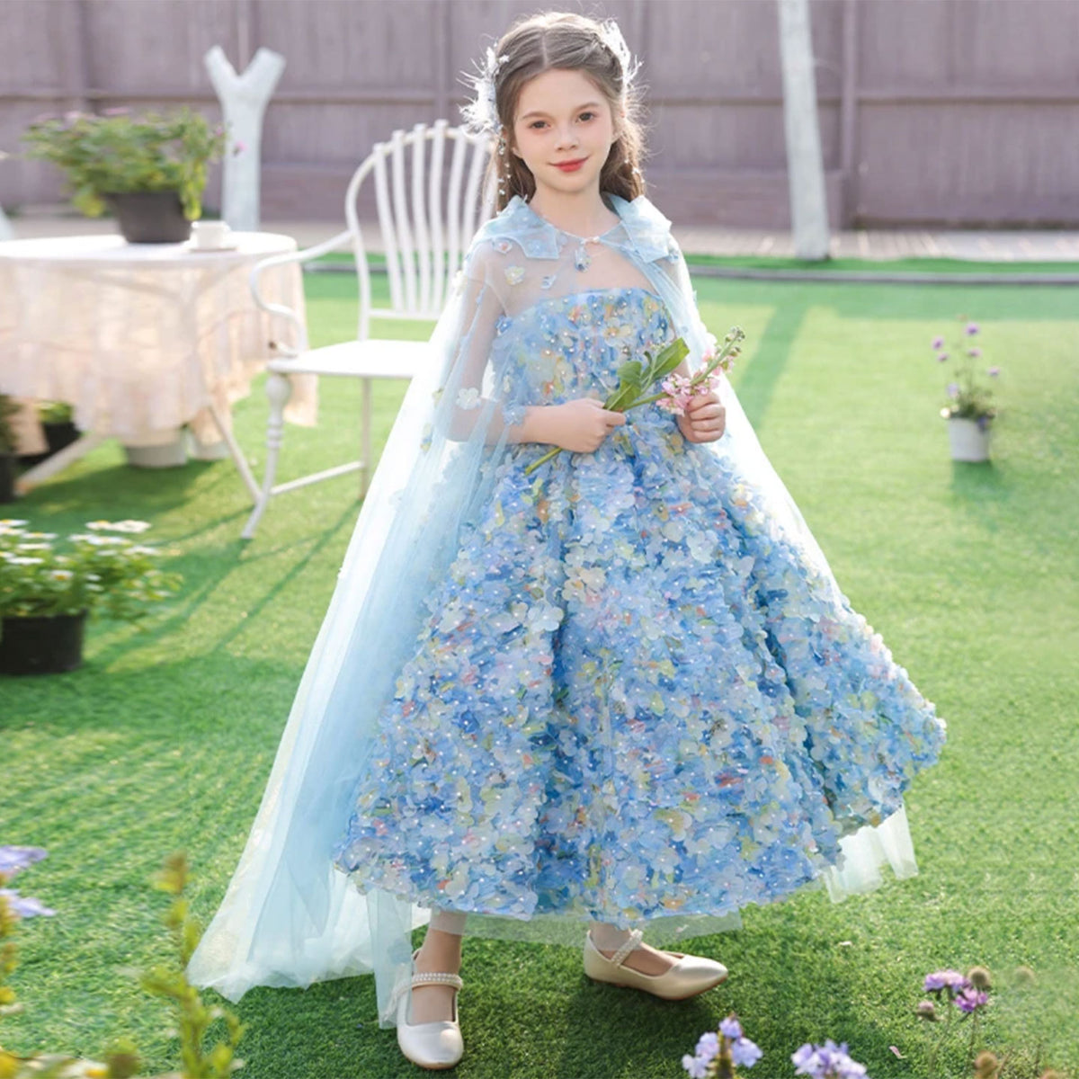 Luxury Floral Blue Flower Girl Dress for Kids Wedding Pageant Party J273