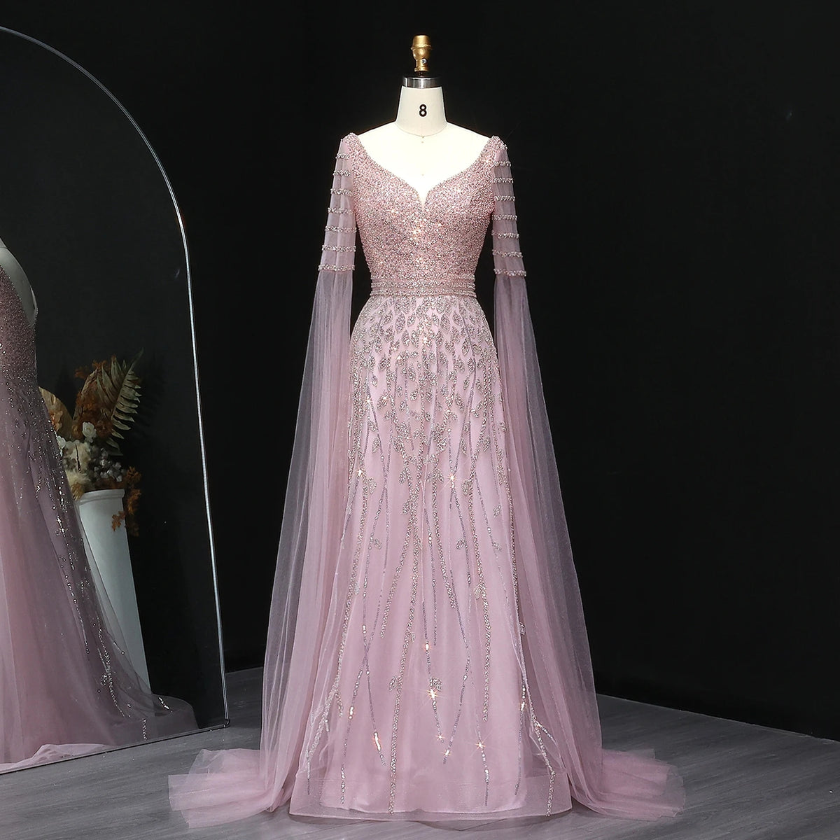 Elegant Pink Beaded Evening Gown with Cape Sleeves SS034