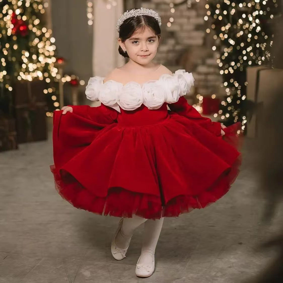 Red Princess Girl Dress Handmade Flowers Birthday Party Gown J438