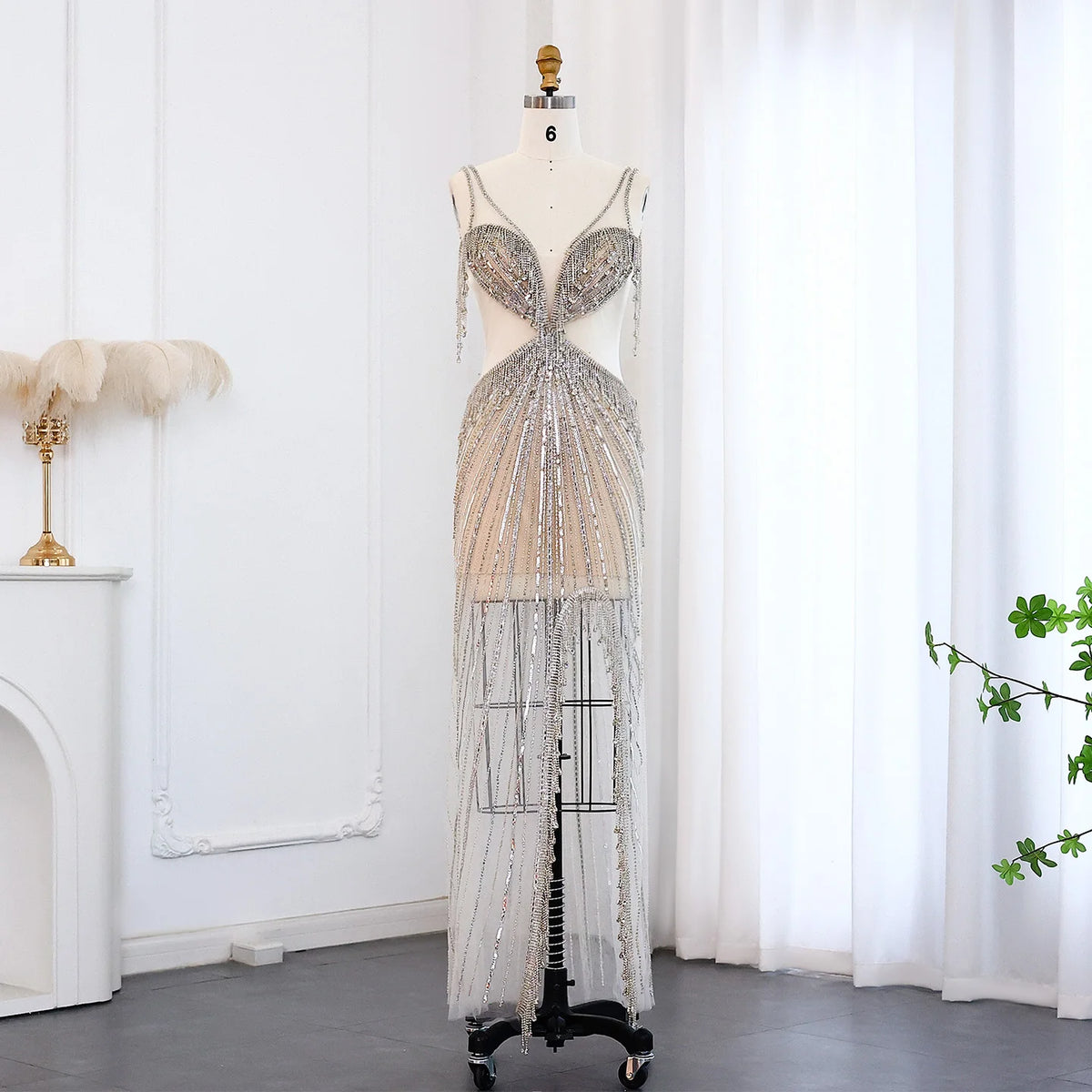 Luxury Crystal Tassel Mermaid Silver Nude Prom Dresses SS073