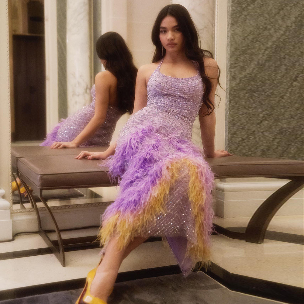 Luxury Feathers Lilac Evening Dresses for Women SS473