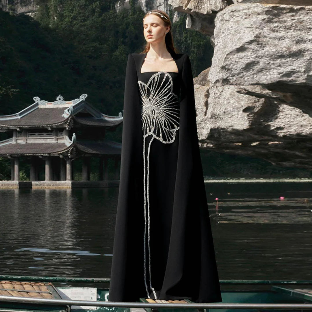 Elegant Black Beaded Evening Dress with Cape Sleeves SS275