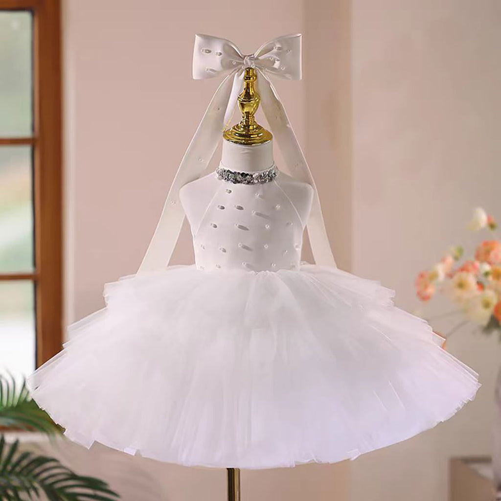 Satin Top Tulle Ruffle Pearled Flower Girl Dress White D049 main image 1