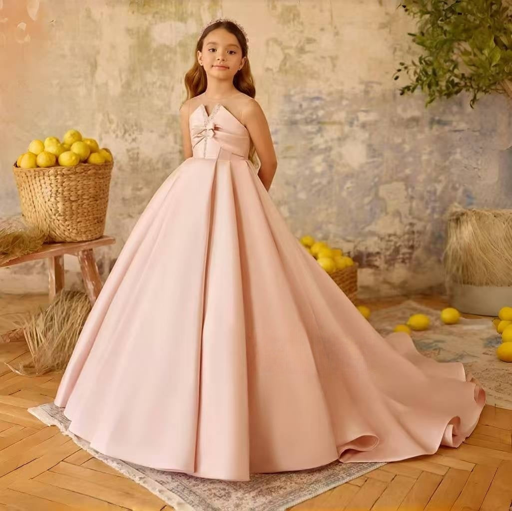Soft pink flower girl dress with shiny embellishments for birthday parties and wedding receptions
