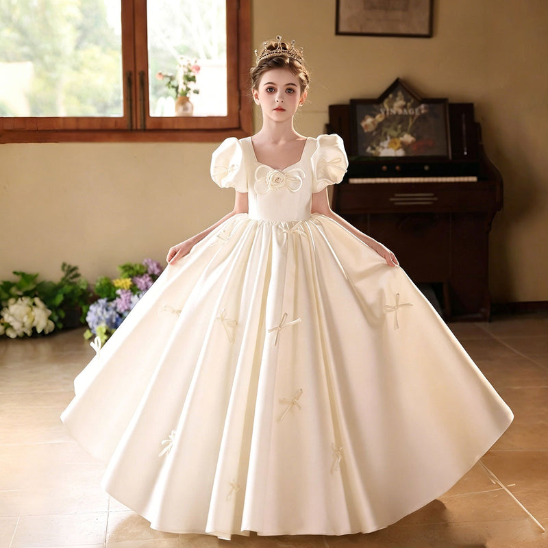 Off white satin flower girl dress with bowknot for weddings and formal celebrations