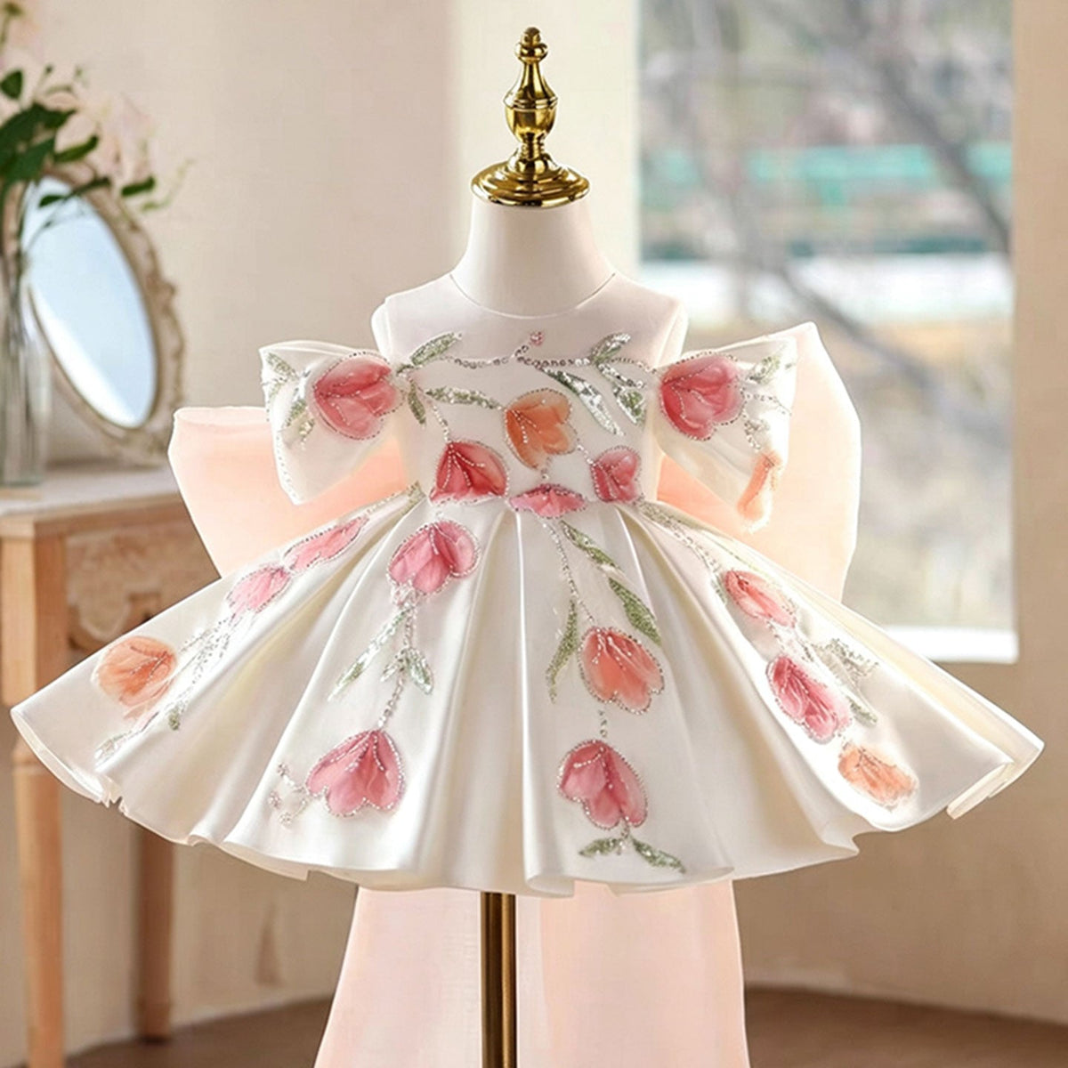White knee-length satin flower girl dress with tulip embroidery and oversized bow