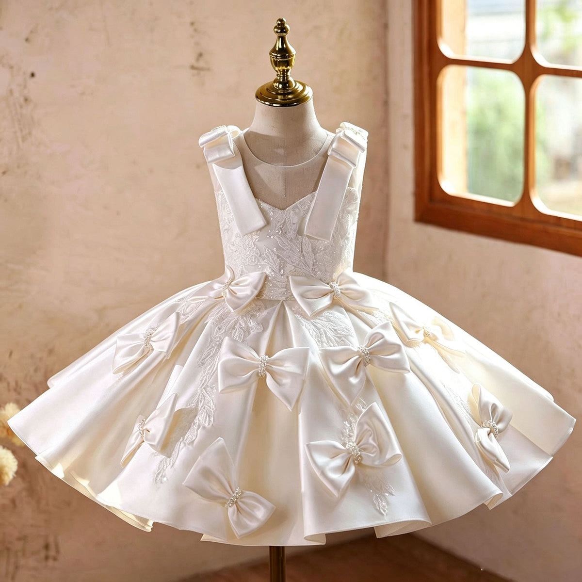 White satin and lace flower girl dress for an indoor wedding ceremony