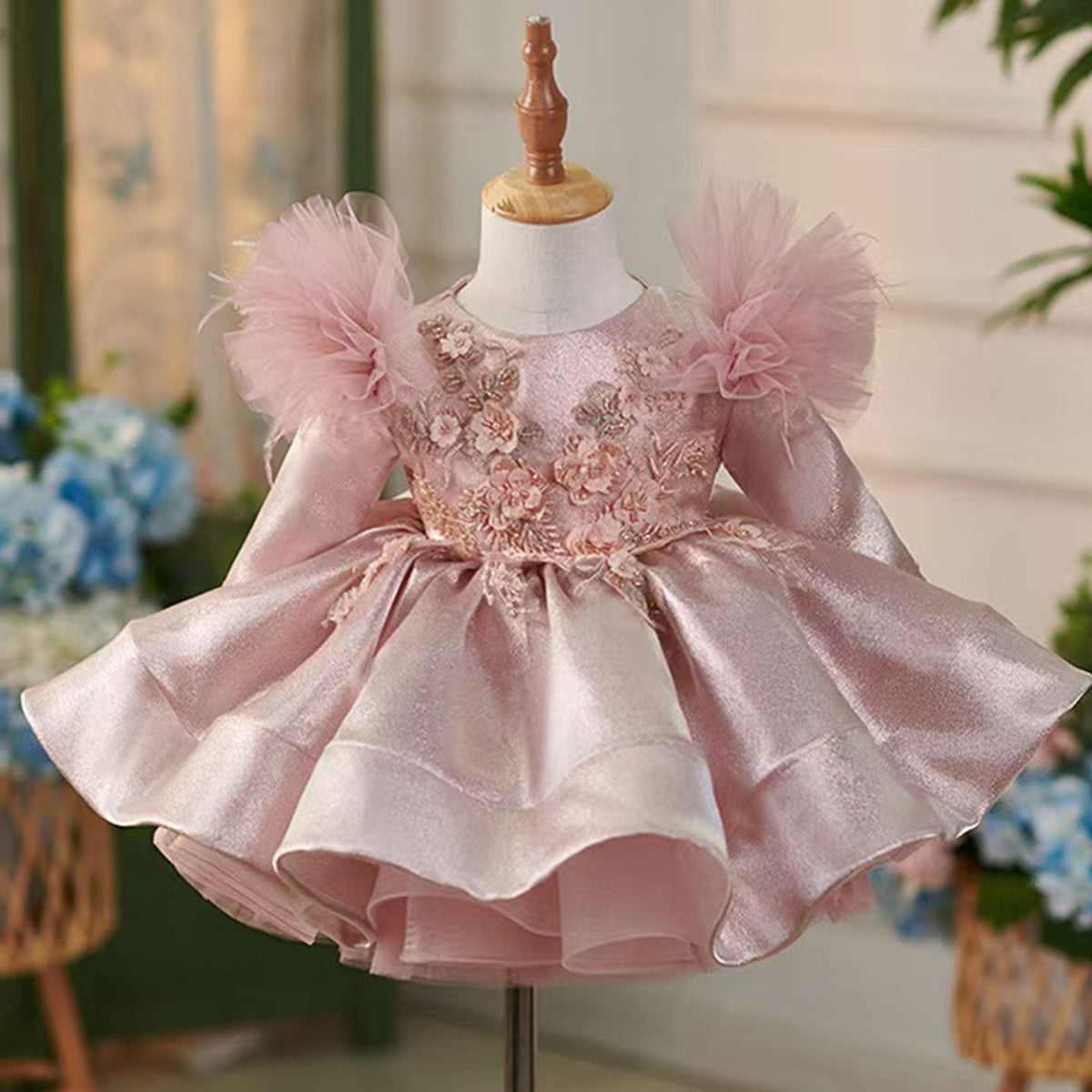 Pink satin long sleeve flower girl dress for church weddings