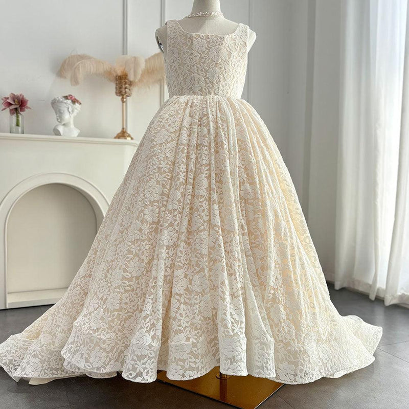 Ivory princess flower girl dress with lace appliques for weddings and family celebrations