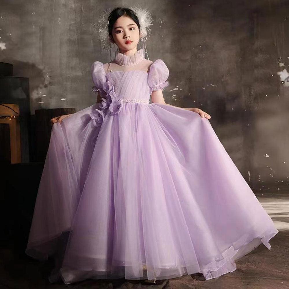 Lilac floor-length flower girl dress with floral appliques for an elegant wedding
